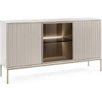 Emporius Furniture Sideboard 154 cm Haller - Holzbeinen, 3 Türen, Kommode mit Lamellen - LED-Beleuchtung - Loft Stil (Beige)