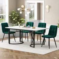 Sweiko Essgruppe (5-tlg),Esstisch mit 4 Stühlen Set, Moderner Küchentisch Set , 140×80cm Küchentisch mit Schwarz Metallbeinen, MDF Tischplatte in Weißer,Dunkelgrün Samt Esszimmerstühle