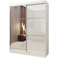 Masseno Schiebetürenschrank VITALE 150 cm Kleiderschrank Schlafzimmer Schrank 2-türig mit Spiegel und Lacobel Weiß