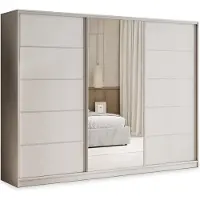Masseno Schiebetürenschrank PINA 250/205/58 cm Kleiderschrank mit 4 Schubladen Schlafzimmer Schrank 3-türig mit Spiegel Kaschmir