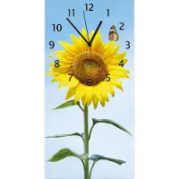 Wallario Design Wanduhr Sonnenblume mit Schmetterling aus Echtglas, Größe 30 x 60 cm