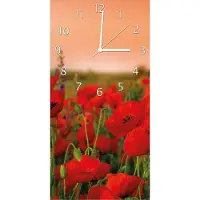 Wallario Design Wanduhr Mohnblumen auf dem Feld aus Echtglas, Größe 30 x 60 cm