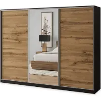 Masseno Schiebetürenschrank SORE 270/205/58 cm Kleiderschrank mit 4 Schubladen Schlafzimmer Schrank 3-türig mit Spiegel Schwarz / Eiche Wotan