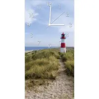 Wallario Design Wanduhr Am Strand von Sylt Leuchtturm auf der Düne Panorama aus Echtglas, Größe 30 x 60 cm