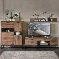 Lomadox TV-Wohnwand im Industrial Look in Haveleiche Cognac Nachbildung mit graphit MINNEAPOLIS-55, B/H/T ca: 310/165/48 cm