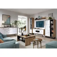 Lomadox Wohnzimmer Esszimmer Set BRISTOL-129 in Catania Eiche Nb. mit schwarz und weiß Hochglanz