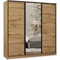 Masseno Schiebetürenschrank TARI 200/205/58 cm Kleiderschrank mit 4 Schubladen Schlafzimmer Schrank 3-türig mit Spiegel Eiche Wotan