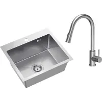 VBChome Edelstahlspüle mit Armatur 50 x 45 cm Gebürsteter Edelstahl Einbauspüle mit Hahnloch Edelstahl Küchenspüle Spüle Groß Becken Ablaufgarnitur Siphon Edelstahlspüle Gebürstet mit Armatur