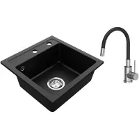 VBChome Granitspüle 44 x 44 cm Schwarz mit flexibler Armatur Einzelbecken Einbauspüle Gesprenkelt Pflegeleichtes Spülbecken mit Siphon