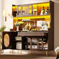 MODFU Küchenschrank Aufbewahrung mit LED-Lichtleiste und Schubladen,Seitenboard,Hochschrank mit Ordnungslockplatte,Lochplatte Retro Design Wohnzimmer,Braun