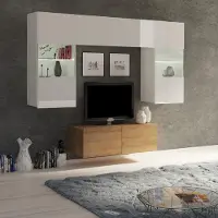 Lomadox Wohnwand mit 2 Hängevitrinen in Eiche & weiß Hochglanz mit LED Beleuchtung CAIRNS-132, B/H/T ca. 195/200/43 cm