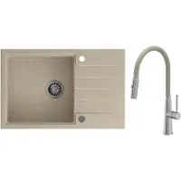 VBChome Spülbecken Granit Beige 78 x 50 cm Beige flexible Armatur Granitspülbecken Einzelbecken Einbauspüle Gesprenkelt Siphon