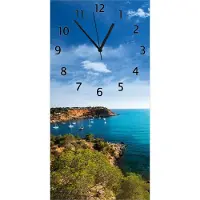 Wallario Design Wanduhr Ibiza - Blick von einer Bucht aufs Meer aus Echtglas, Größe 30 x 60 cm