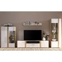 Lomadox Wohnwand in Eiche Nb. AKRON-131 modern mit Fronten in Hochglanz weiß 4-teilig mit Vitrinenschrank