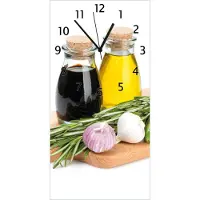 Wallario Design Wanduhr Gewürze, Kräuter und Öle auf einem Holz-Schneidebrett aus Echtglas, Größe 30 x 60 cm