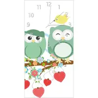 Wallario Design Wanduhr Bunte Eulen mit kleinen Vögeln auf dem Ast aus Echtglas, Größe 30 x 60 cm