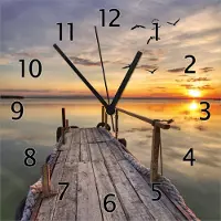 Wallario Design Wanduhr Sonnenuntergang über dem See idyllischer Steg aus Echtglas, Größe 30 x 30 cm