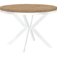 Dekori.Interiors Runder Esstisch Weiß ENDIK 90/140 cm ausziehbar, Eiche Artisan mit Ring-Gestell – Industrial, Loft