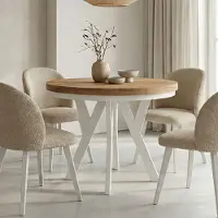 Dekori.Interiors Runder Esstisch Weiß PERO 110/160 cm ausziehbar, Eiche Artisan mit Ring-Gestell – moderner Loft-Stil