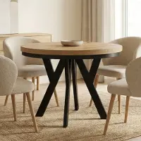 Dekori.Interiors Runder Esstisch Schwarz PERO 110/160 cm ausziehbar, Eiche Artisan mit Ring-Gestell – moderner Loft-Stil