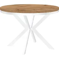 Dekori.Interiors Runder Esstisch Weiß ENDIK 100/150 cm ausziehbar, Eiche Wotan mit Ring-Gestell – Industrial, Loft