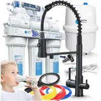 ARI Wasserfilter Set RO7 mit 3-Wege Küchenarmatur Solid Spring Schwarz Matt, 7-stufige Osmoseanlage, Mineralisierung