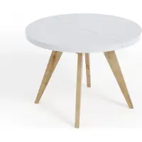 Dekori.Interiors Runder ausziehbarer Esstisch Weiß LORA 120/220 cm mit Buchenholzgestell in Buche Natur – Skandi, Loft