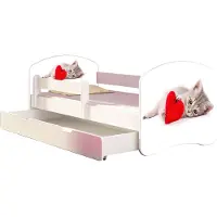ACMA Jugendbett Kinderbett Junior-Bett Komplett-Set mit Matratze Lattenrost und Rausfallschutz Weiß 40 Katze mit Herz 140x70 + Bettkasten