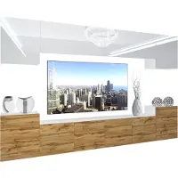 Belini Wohnwand Vollausstattung Wohnzimmer-Set Moderne Schrankwand mit LED-Beleuchtung Weiß Glänzend Anbauwand TV-Schrank Weiß / Eiche Wotan Glänzend/Matt