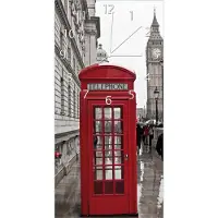 Wallario Design Wanduhr bedruckt, Größe 30 x 60 cm, Motiv: Rote Telefonzelle in London England mit Big Ben