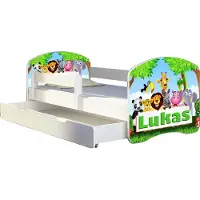 ACMA Jugendbett Kinderbett Junior-Bett Komplett-Set mit Matratze Lattenrost und Rausfallschutz Weiß 01 Zoo Name 160x80 + Bettkasten