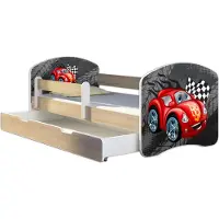 ACMA Jugendbett Kinderbett Junior-Bett Komplett-Set mit Matratze Lattenrost und Rausfallschutz Sonoma 05 Blaue Auto 160x80 + Bettkasten