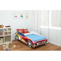 ACMA Jugendbett Kinderbett Auto-Bett Junior Cars Bett Komplett-Set mit Matratze, Lattenrost und Rausfallschutz 140x70 cm - CAR-4 + NAME