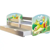 ACMA Jugendbett Kinderbett Junior-Bett Komplett-Set mit Matratze Lattenrost und Rausfallschutz Sonoma 29 Flugzeug 180x80 + Bettkasten