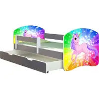 ACMA Jugendbett Kinderbett Junior-Bett Komplett-Set mit Matratze Lattenrost und Rausfallschutz Grau 18 Pony Regenbogen 180x80 + Bettkasten
