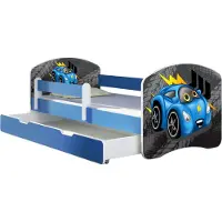 ACMA Jugendbett Kinderbett Junior-Bett Komplett-Set mit Matratze Lattenrost und Rausfallschutz Blau 04 Rote Auto 160x80 + Bettkasten
