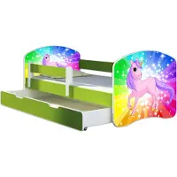 ACMA Jugendbett Kinderbett Junior-Bett Komplett-Set mit Matratze Lattenrost und Rausfallschutz Grün 18 Pony Regenbogen 160x80 + Bettkasten