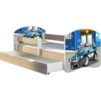ACMA Jugendbett Kinderbett Junior-Bett Komplett-Set mit Matratze Lattenrost und Rausfallschutz Sonoma 38 Polizei 140x70 + Bettkasten