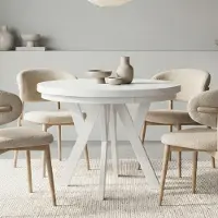 Dekori.Interiors Runder Esstisch Weiß PERO 110/160 cm ausziehbar mit Ring-Gestell – skandinavischer Loft-Stil