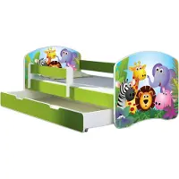 ACMA Jugendbett Kinderbett Junior-Bett Komplett-Set mit Matratze Lattenrost und Rausfallschutz Grün 01 Zoo 180x80 + Bettkasten
