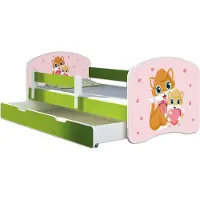 ACMA Jugendbett Kinderbett Junior-Bett Komplett-Set mit Matratze Lattenrost und Rausfallschutz Grün 33 Miezekatzen 160x80 + Bettkasten