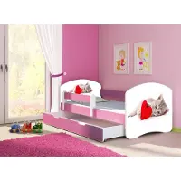 ACMA Jugendbett Kinderbett Junior-Bett Komplett-Set mit Matratze Lattenrost und Rausfallschutz Rosa 40 Katze mit Herz 140x70 + Bettkasten