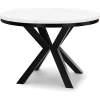 Dekori.Interiors Ausziehbarer runder Esstisch Weiß RAL 90/190 cm mit schwarzem Ring-Gestell und massiven Buchenholzbeinen – Loft, rustikal