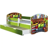 ACMA Jugendbett Kinderbett Junior-Bett Komplett-Set mit Matratze Lattenrost und Rausfallschutz Grün 44 Lokomotive 160x80 + Bettkasten
