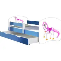 ACMA Jugendbett Kinderbett Junior-Bett Komplett-Set mit Matratze Lattenrost und Rausfallschutz Blau 43 Kleines Pferd 140x70 + Bettkasten