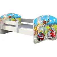 ACMA Jugendbett Kinderbett Junior-Bett Komplett-Set mit Matratze Lattenrost und Rausfallschutz Weiß 36 Feuerwehr 180x80