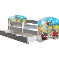 ACMA Jugendbett Kinderbett Junior-Bett Komplett-Set mit Matratze Lattenrost und Rausfallschutz Grau 36 Feuerwehr 140x70 + Bettkasten