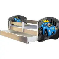 ACMA Jugendbett Kinderbett Junior-Bett Komplett-Set mit Matratze Lattenrost und Rausfallschutz Sonoma 04 Rote Auto 160x80 + Bettkasten
