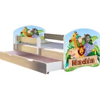 ACMA Jugendbett Kinderbett Junior-Bett Komplett-Set mit Matratze Lattenrost und Rausfallschutz Sonoma 02 Animals Name 140x70 + Bettkasten