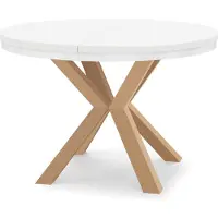 Dekori.Interiors Ausziehbarer runder Esstisch Weiß RAL 90/140 cm mit weißem Ring und Massivholzgestell in Buche Natur – Loft, rustikal